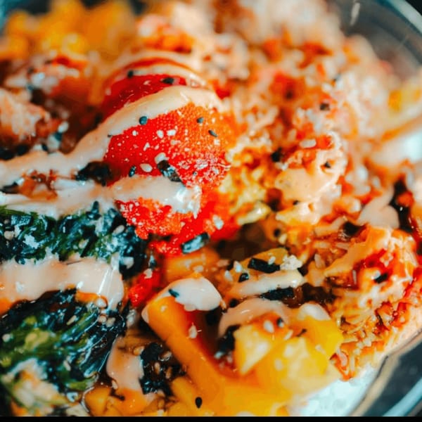 Close-up of a colorful Sharky's Island Bites poke bowl with various toppings and sauces.